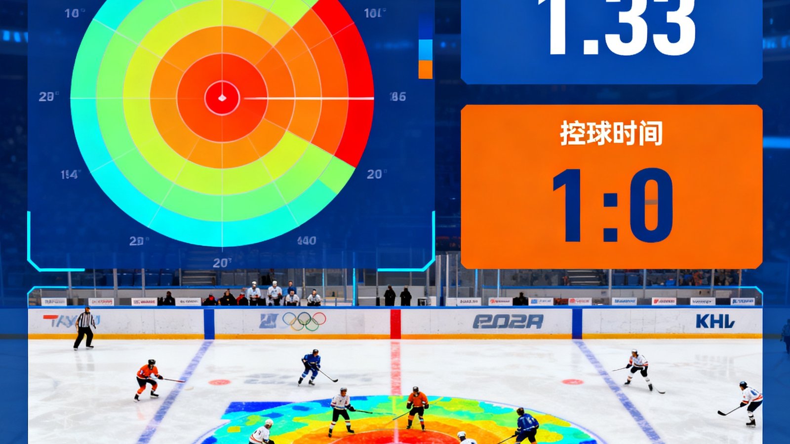 KHL冰球联赛实时数据面板展示射门热区、冲撞次数和控球时间，球员热力图覆盖全场